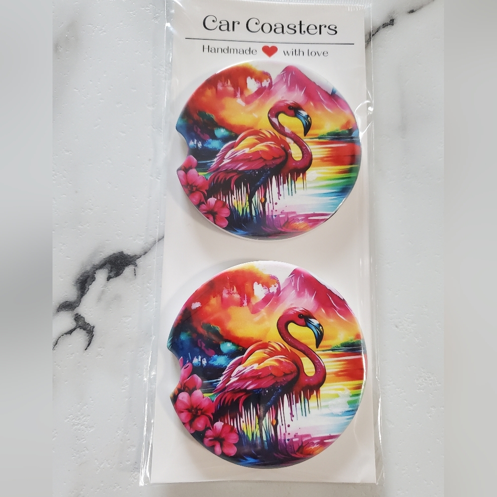 Flamingo Paint Drip Set Of 2 Ceramic Car Coasters